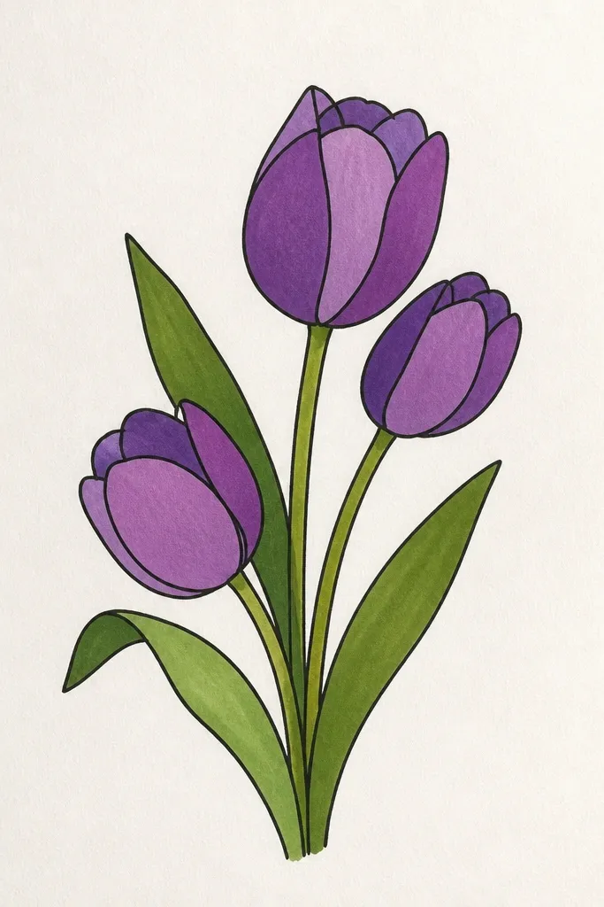 A gouache drawing with sharp, paper-cut edges. The tulips are lavender and violet blocks separated by clean white lines. Painter's tape resist leaves crisp white borders between shapes, and leaves are solid muted green shapes.