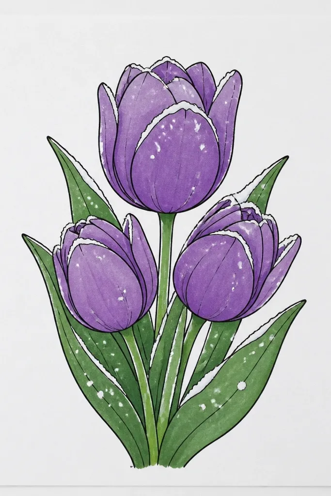Purple tulips with frosted shading - pale lavender highlights make the petals look icy. Small white snow flecks scatter across the background and on the upper petal areas. The stems are dark green, and the inner folds are deep violet with a soft gradient.