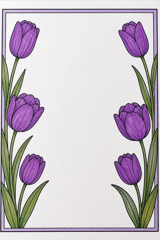 A letterbox-style border with two horizontal bands in pale lavender and violet framing the center. Three purple tulips sit in the lower band, while the central area is mostly blank for writing. The tulips have clean outlines and simple shading with deep violet fold seams.