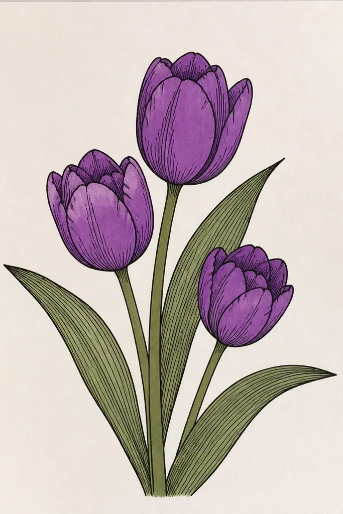 A botanical-style drawing of two purple tulips with very fine-line crosshatching on the leaves and stems. Petals are lavender with deep violet seam shading, and the background is white. The leaves have dense hatch marks that create a realistic texture.