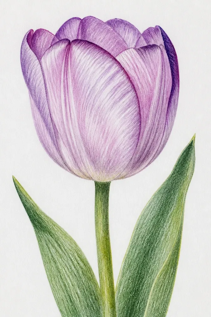 A single purple tulip centered on white paper. The petals look like a smooth cup with a narrow white highlight on the fold. One side edge is shaded a darker grape purple, the other side stays lighter lavender. A simple green stem curves down with two small leaf marks.