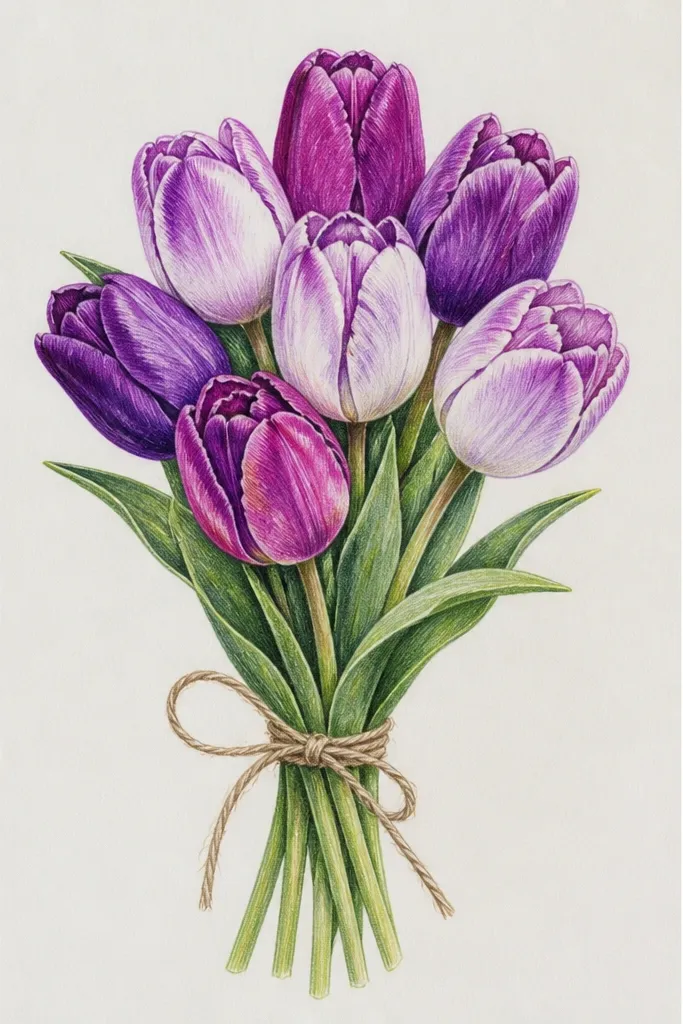 Three purple tulips stacked in a narrow vertical column. The left tulip is light purple with a deep purple outer edge, the middle is more saturated, and the right tulip is slightly smaller. A faint diagonal background wash is visible, and the stems braid together at the bottom.