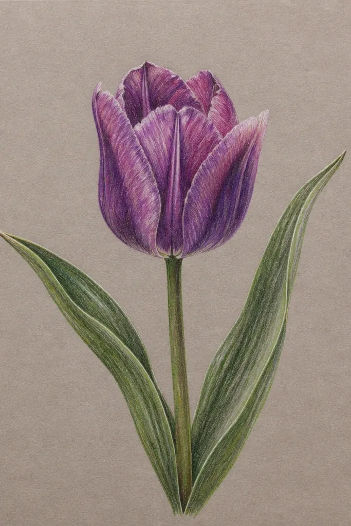 A cluster of purple tulips on soft gray or lavender tinted paper. Petals are shaded in muted purples, and white gel pen lines show distinct veins and fold highlights. The background stays mostly clean with a few faint speckles.