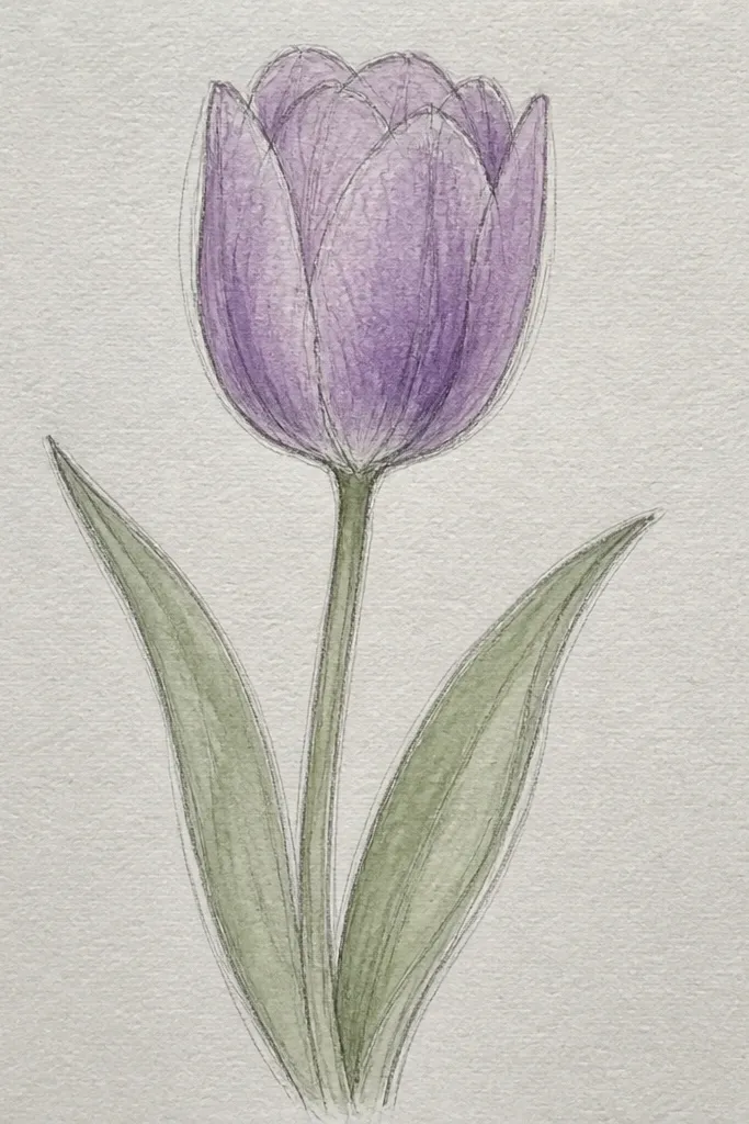 A pencil-drawn tulip with loose watercolor washes. The petals are light lavender with soft gradients and darker purple blooms near the fold. The stem is a thin green wash, and the background has a pale watery circle behind the flower.