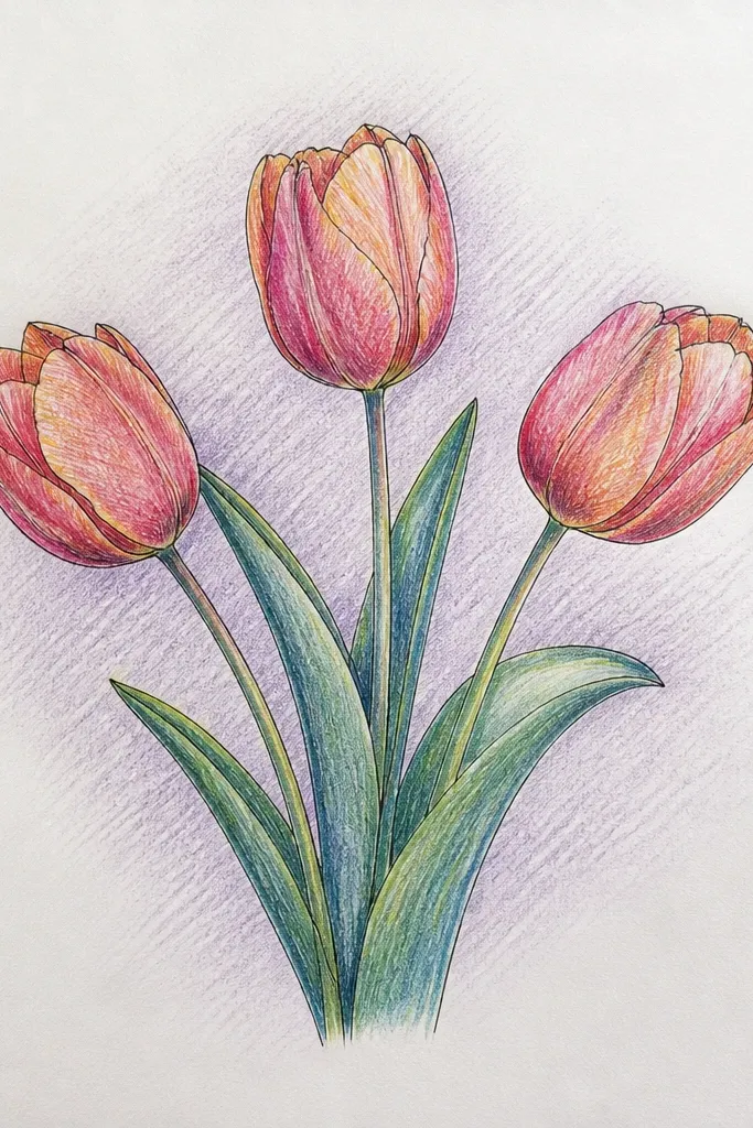 Two tulips with crisp black ink outlines. Shadows are made with purple crosshatching on the folded petal areas, with clear white highlight gaps. The stems are thin and straight, and the leaves are small hatch marks.
