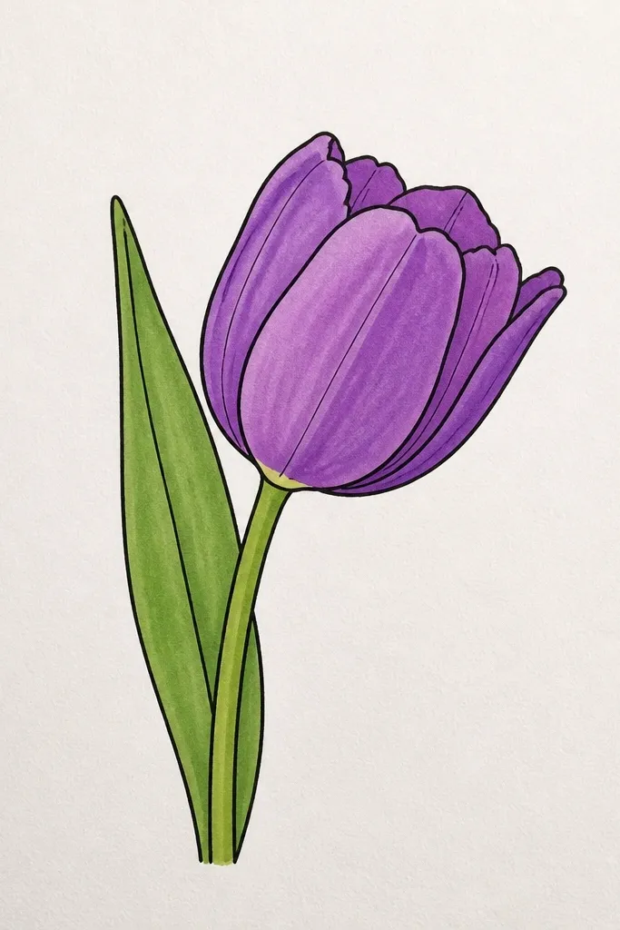 A tulip drawn in a side-facing angle, cup opening toward the right. The petals show a clear fold line and a single highlight. One leaf sits behind the flower like a layered shape, partially covering the stem.