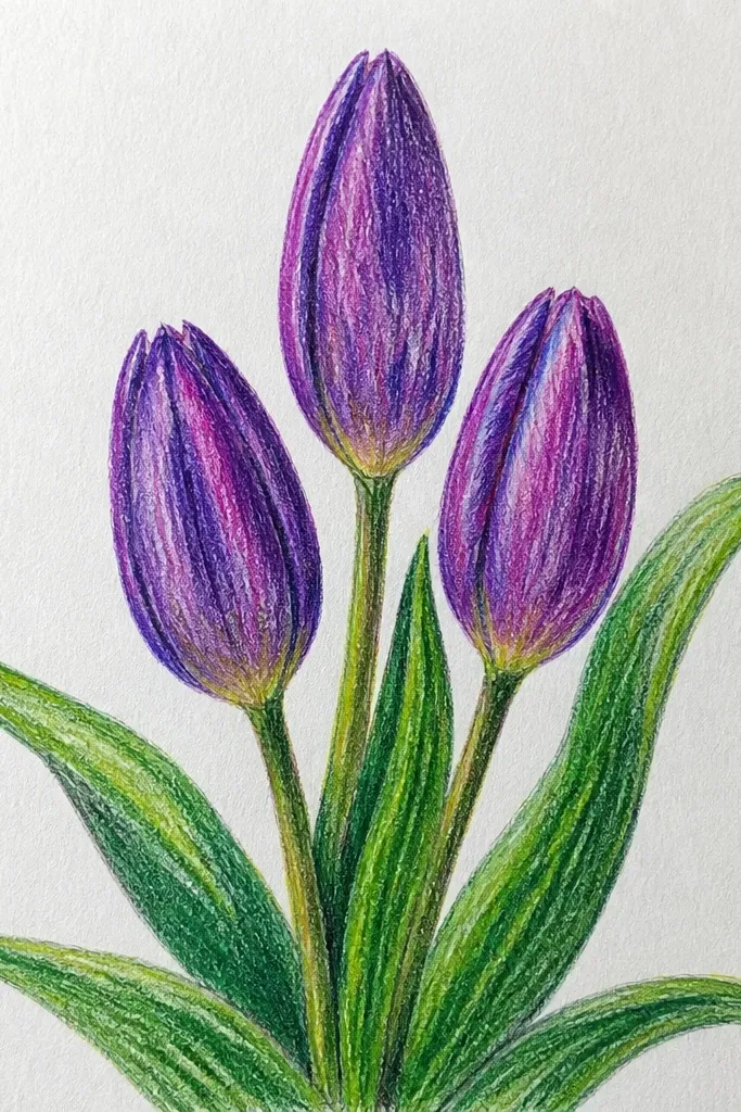 Three small closed tulip buds in purple. Each bud is a tight oval with a pointed top, with darker purple at the seam. Stems are thin and slightly angled, and two tiny leaves sit near the base.