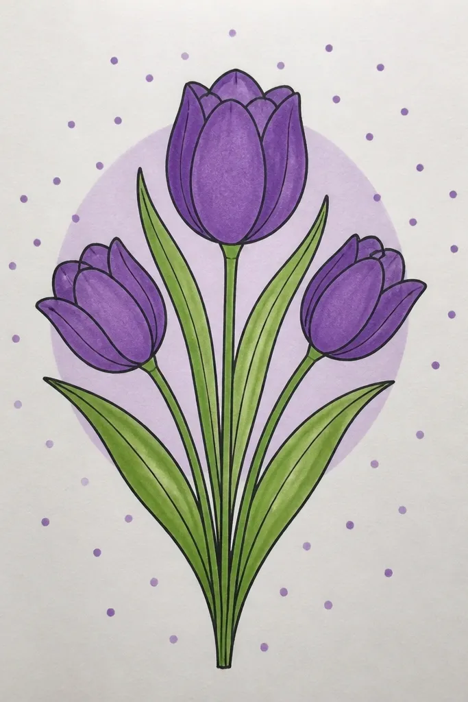 One purple tulip centered with a soft lavender halo behind it. The background is filled with small evenly spaced dots that fade outward. The tulip has lavender petals with grape fold shadows and a white highlight strip.