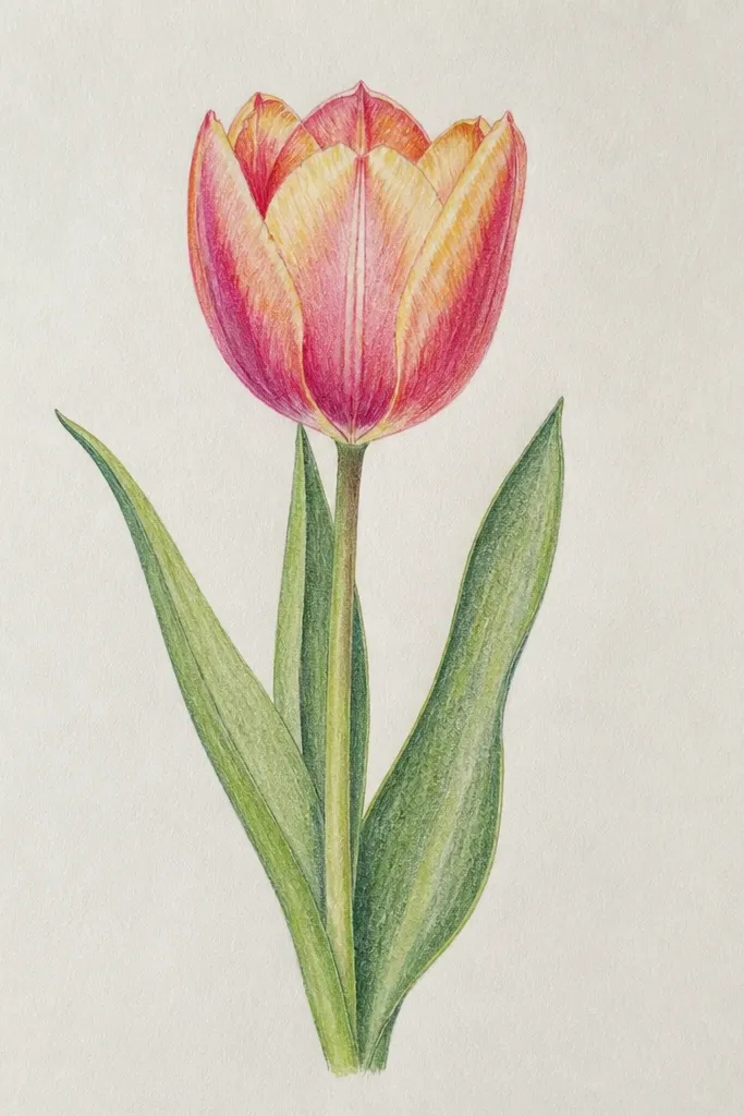 A tulip drawn with colored pencil that's been lightly blended with water. Petals have smooth gradients from lavender to grape, and highlights look lifted with a white eraser. The stem is a muted green pencil with soft edges.