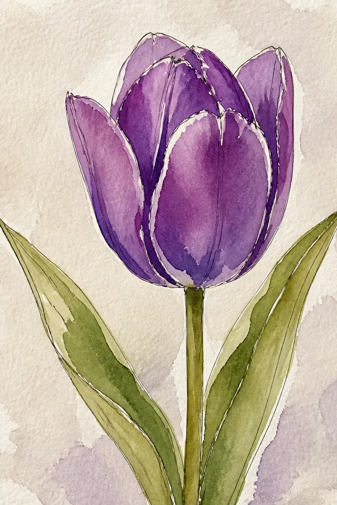 A tulip with opaque, slightly chalky purple petals. The fold is darker grape and the highlight looks like a clean unpainted strip. The paper texture is visible under the purple, and the stem is opaque green.