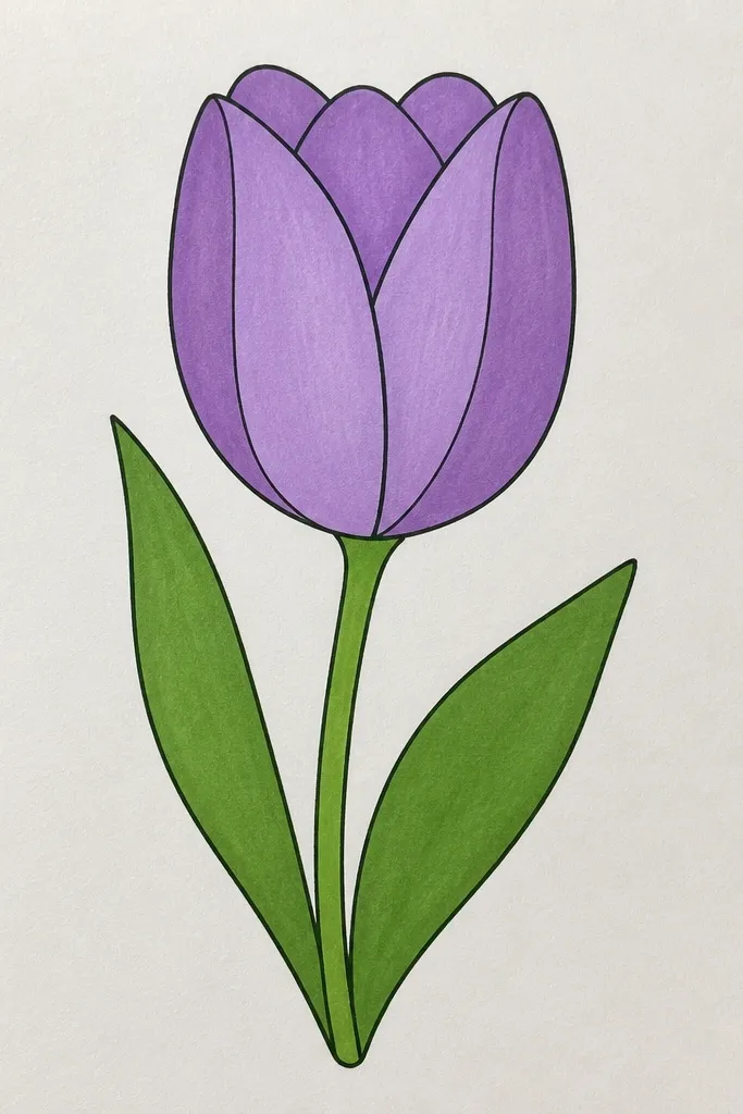 A tall tulip with a clear V-shaped fold line down the center. The petals show a smooth marker gradient from light lavender at the top to deeper purple near the fold. The highlight strip is narrow and bright, and the stem is thin green with two leaves.