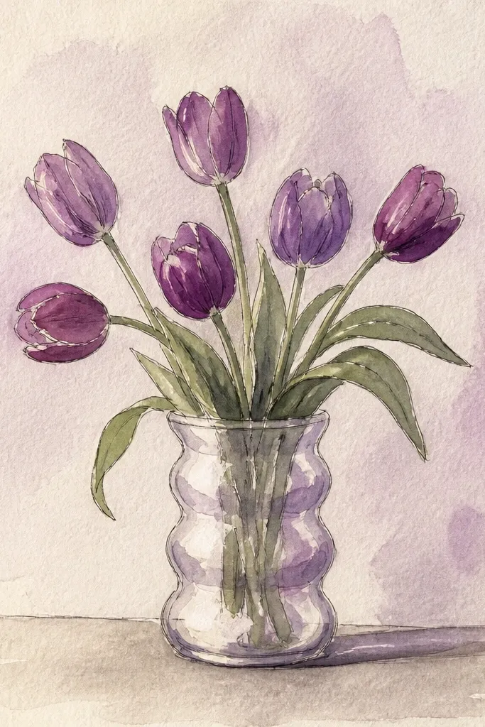 A wavy-edged vase drawn in pale gray. Inside are three purple tulips with staggered heights. The vase has a subtle shadow, and the tulips have lavender petals with grape folds and small leaf marks.