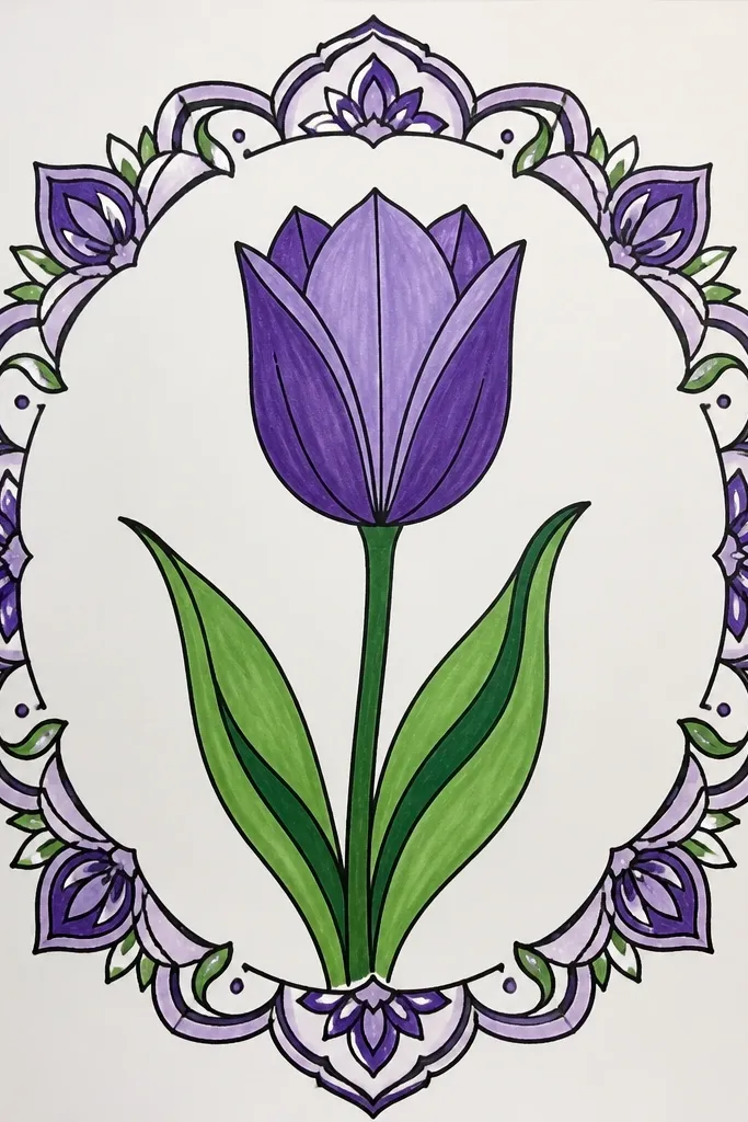 A rectangular page border made of repeating small tulip cups and curved leaf shapes. The tulips in the border are purple with lighter centers and darker folds. The center area is mostly blank with a few tiny dots.