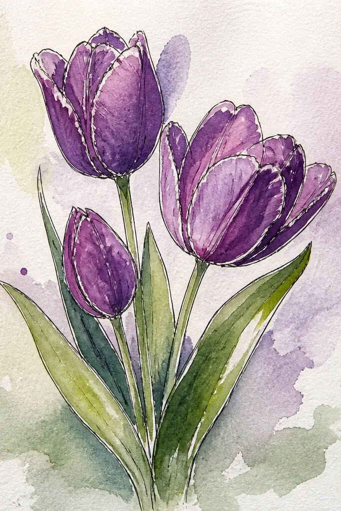 A tulip cluster with soft watercolor wash behind it in pale blue and lavender. The petals are purple with a clean gel pen outline. Highlights are white gel pen strokes inside the petals, and the stems are thin and crisp.