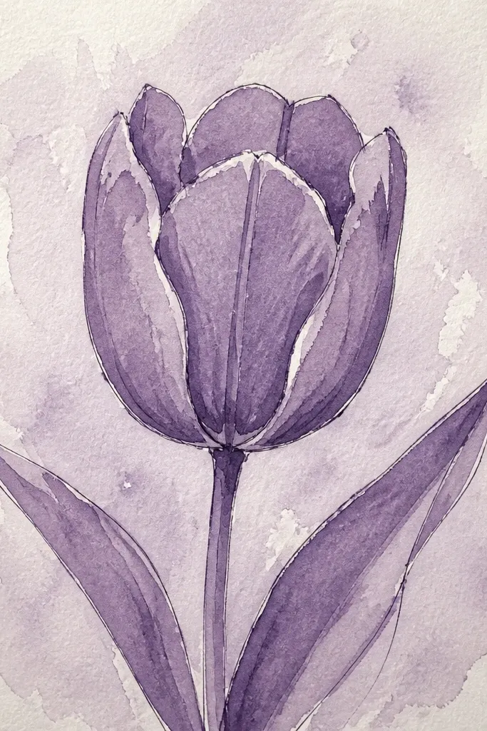 A single tulip drawn using only one purple tone. The petals have a gradient from light to dark created by pencil pressure and marker layering. The highlight strip is left white, and the stem is the same purple family.