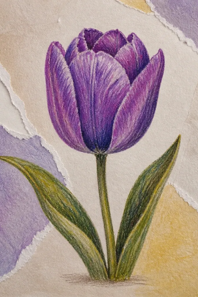 A tulip drawn in purple with layered paper pieces behind it. The background looks like torn edges in pale cream and soft lilac, with a shadow around the tulip cup. The tulip outline is crisp and the petals have a darker fold shade.