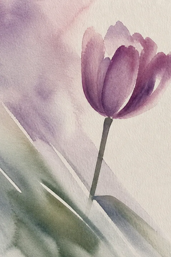 A single purple tulip placed in the top-left corner of the page. The stem runs diagonally down, and there are diagonal leaf scratch marks that echo the stem direction. The petals are lavender with grape folds and a clean highlight strip.