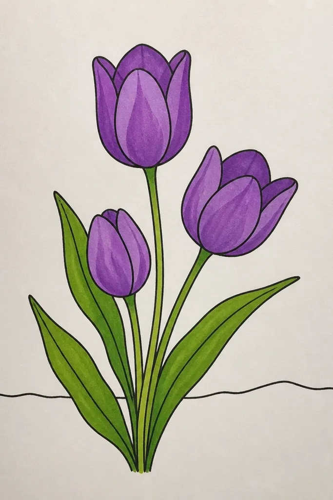 A tulip drawing with a single thin horizon line behind it. The background above is pale purple wash, and the area below is light green-gray. The tulip petals are lavender with grape folds and crisp green stem lines.
