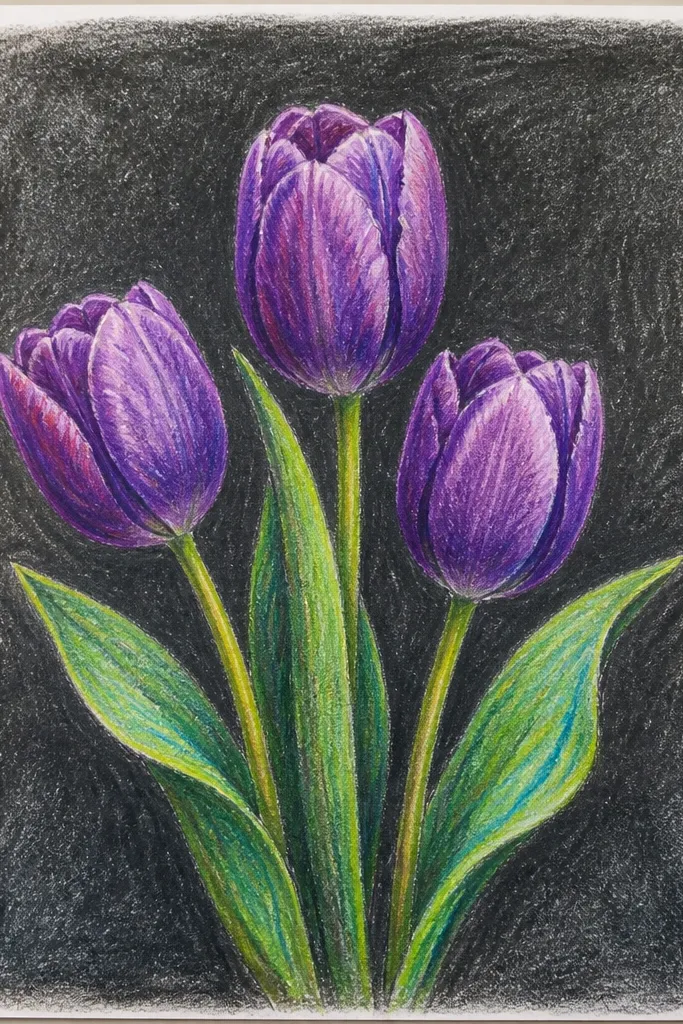 A chalky purple tulip on dark paper. Petals are made of layered purple chalk with smudged edges. The highlight looks like a lighter chalk stroke, and the stem is a muted green chalk line with a few dust smudges.