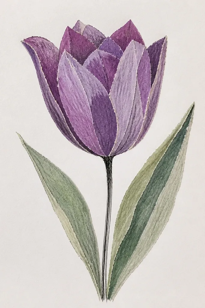 A purple tulip collage made from layered torn paper petals. The top petal is deep violet with ragged edges, the inner petal is lighter lavender paper, and the throat has a small off-white highlight. Thin black ink stems curve downward with a few rough leaf shapes. The background is warm cream cardstock with visible paper grain and faint smudges near the stems.