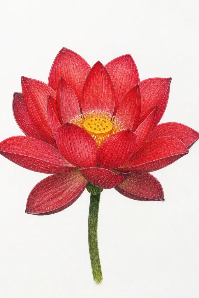 A red lotus drawn large in the center of the page, petals outlined in dark pencil and lightly shaded with rose-to-crimson gradients; the background is pure white paper with no extra marks.