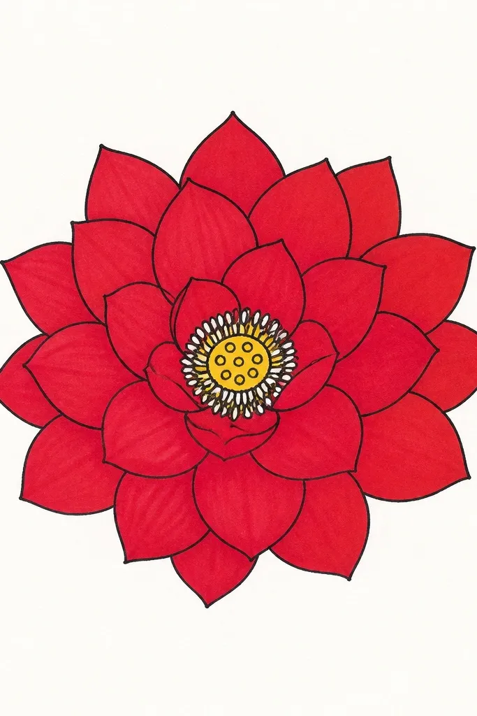 A lotus viewed from above, centered like a flower bowl; petals are tightly layered with darker shading at each overlap and a small circular center with stamens.