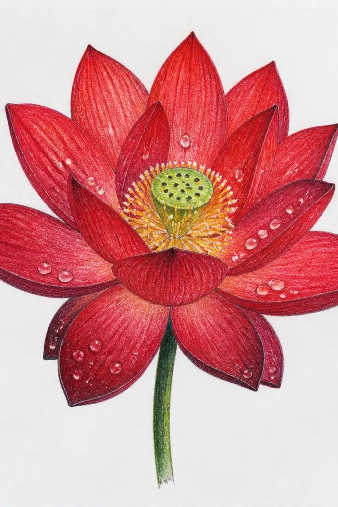 A red lotus with several clear water droplets drawn as glossy teardrops on the outer petals; droplets have white highlight spots and subtle gray shadows beneath them.