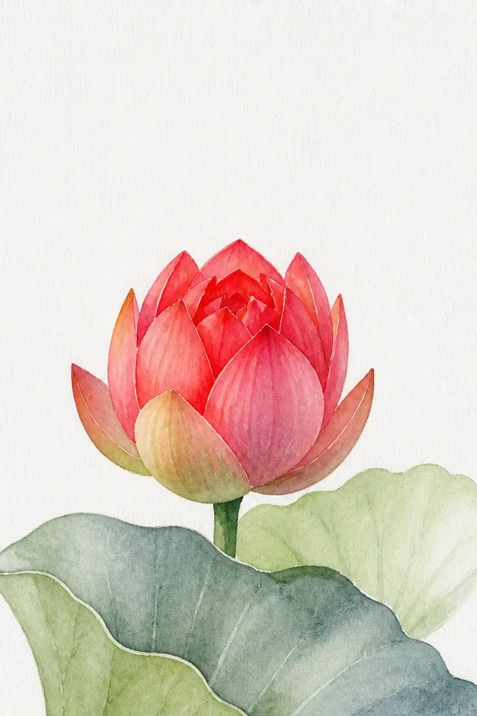 A lotus bloom on the right side of the page, partially hidden by overlapping green leaves; only part of the red petals are visible, with crimson shadows tucked behind leaf edges.