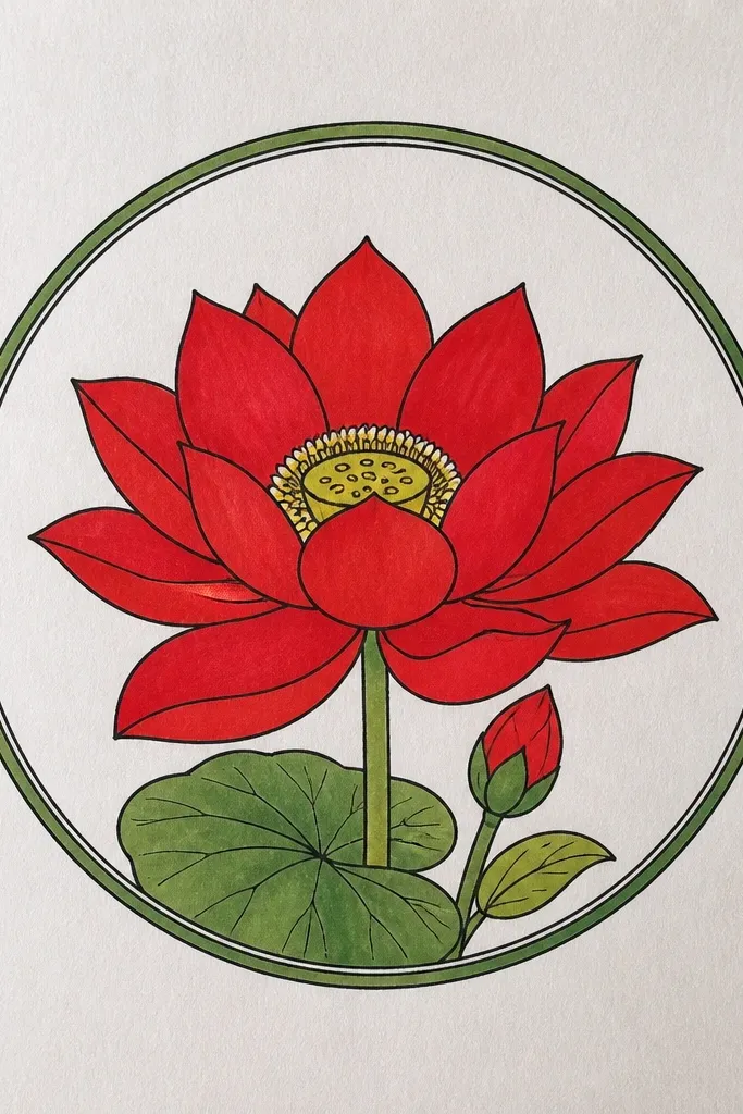 A red lotus inside a thin circular outline frame; petals radiate outward, and the background outside the circle is blank or lightly toned.