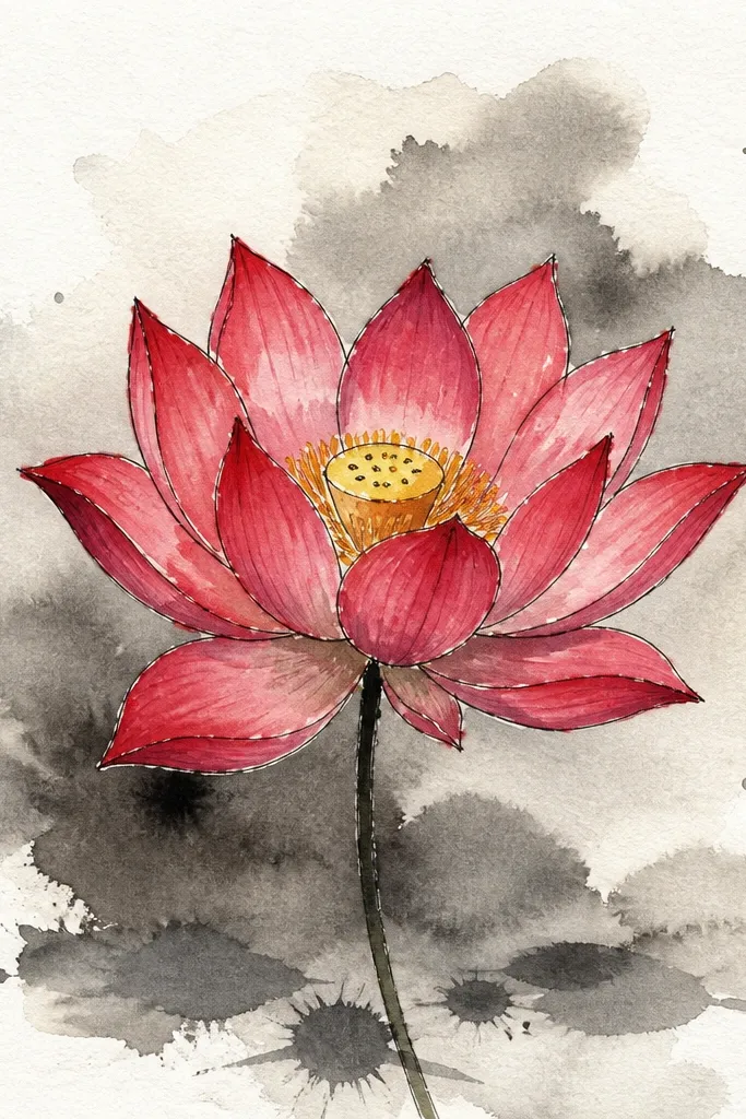 A red lotus with red petal shading, sitting over a pale gray-to-light-blue ink wash background that fades outward from behind the flower.