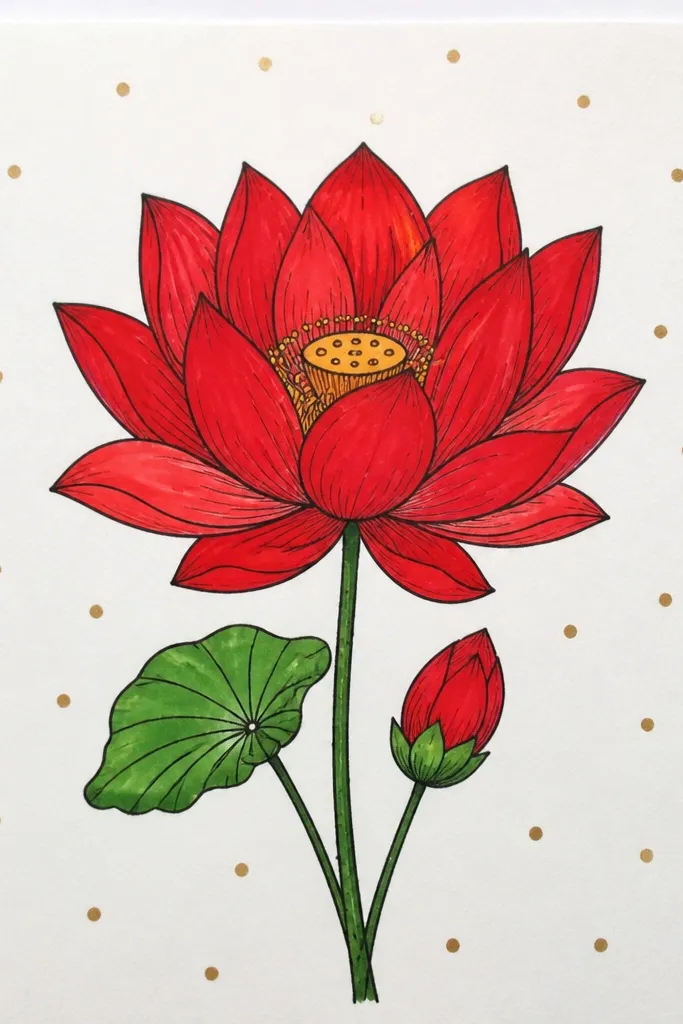 A red lotus with detailed petals, surrounded by evenly spaced tiny dot patterns in the background, creating a subtle grid-like texture.