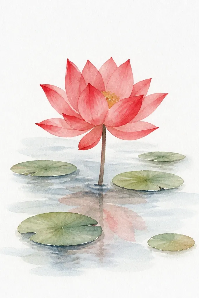 A red lotus with two or three green floating leaves around it, drawn with soft outlines and gentle green shadows; the lotus petals show red-to-crimson gradients.
