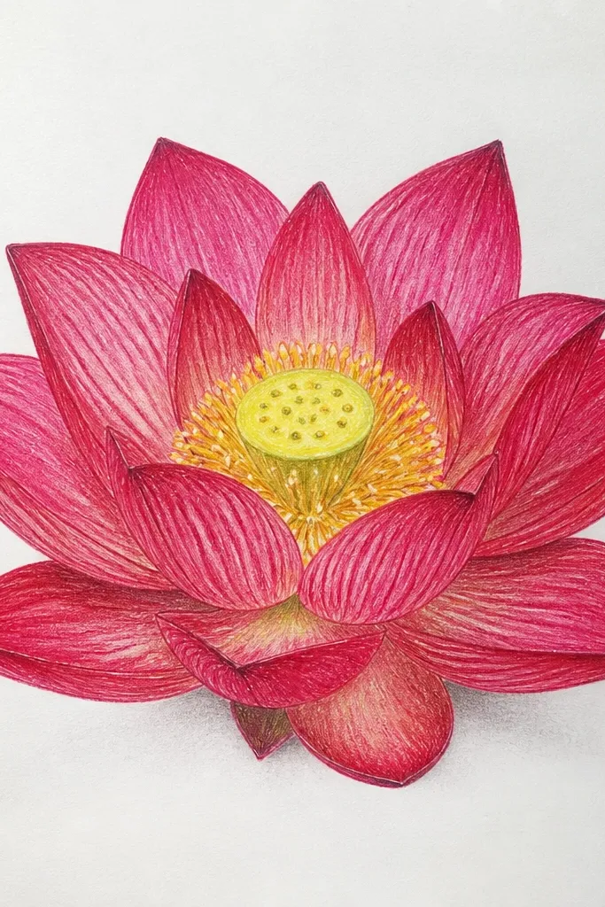 A lotus where the outer petals are red and softly shaded, while the center stamens are sharply detailed in gold and orange, with a bright highlight in the calyx.