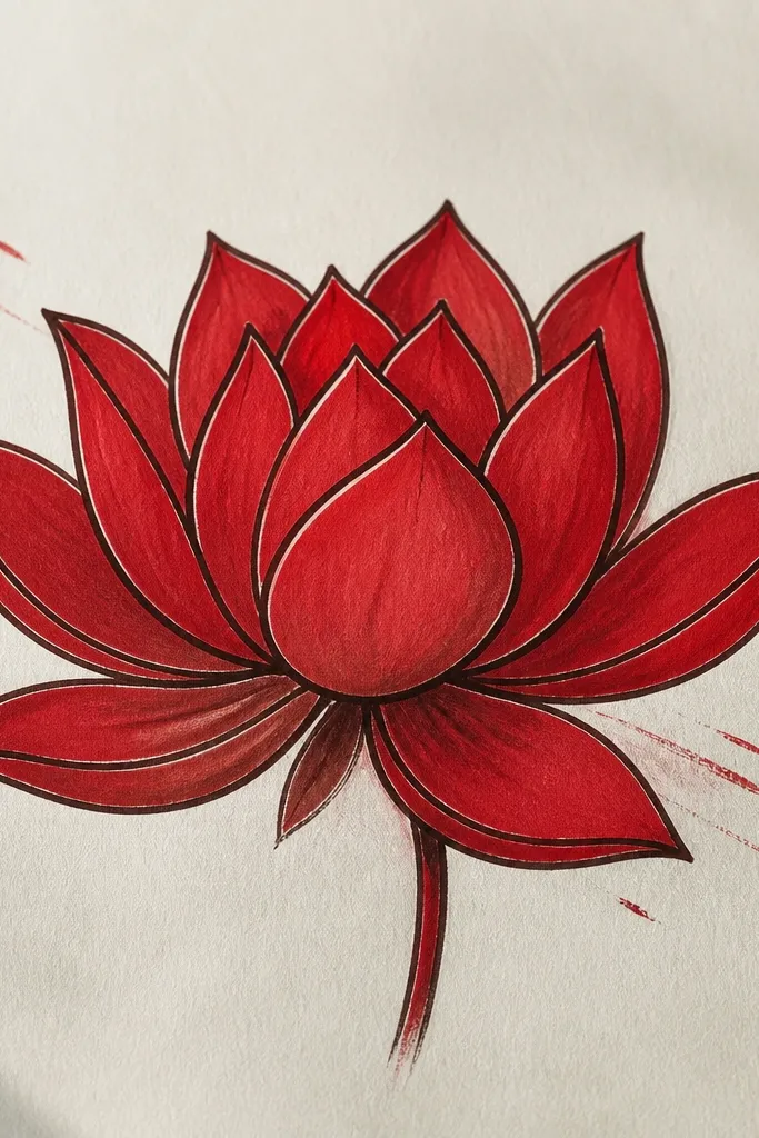 A stylized lotus with thick dark outlines; only red and a little brown shadow are used, with minimal background marks.