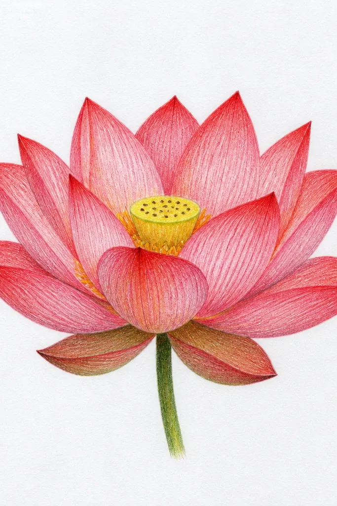 A lotus drawn at an angle, with petals showing depth to the left side; one side petals are brighter, the inner folds are darker crimson.
