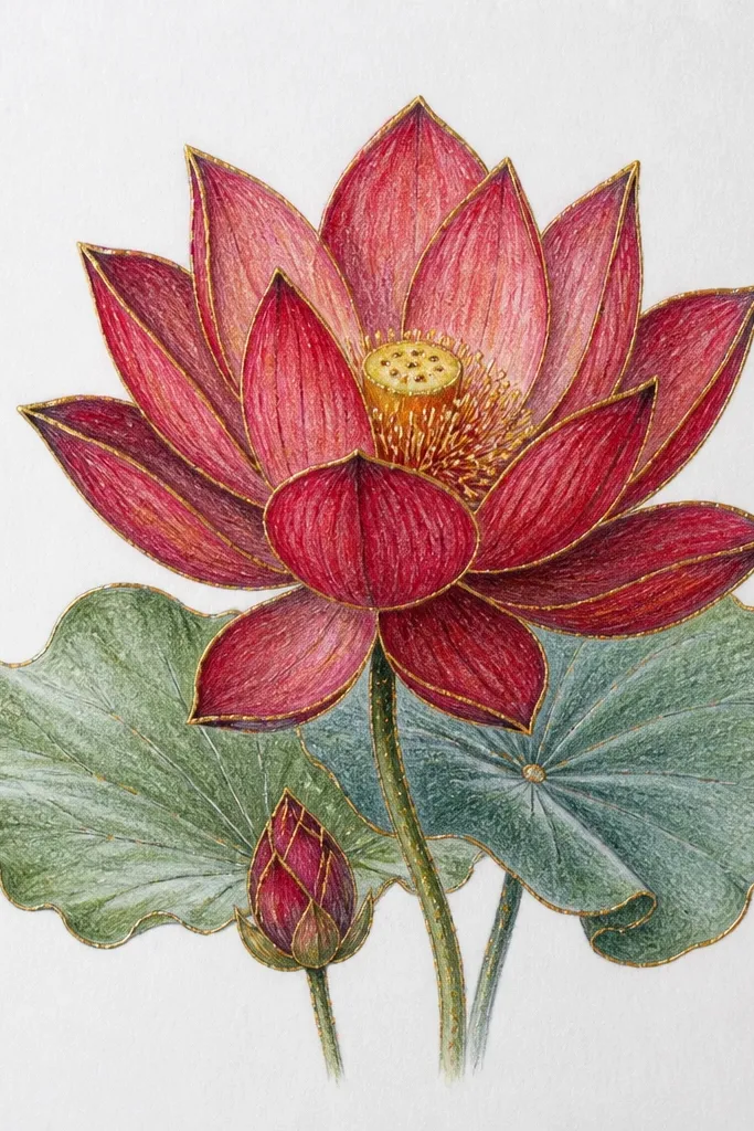 A red lotus colored in rose and crimson with gold ink highlights on petal edges and stamen tips, giving a warm metallic glow.