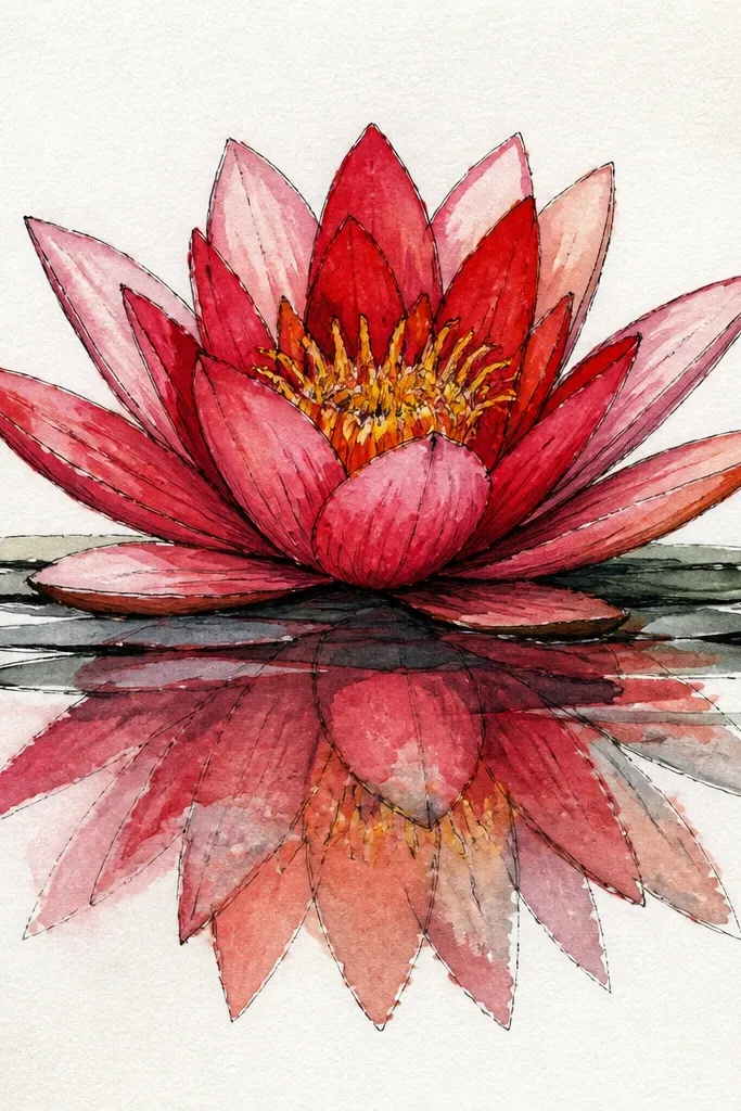 A red lotus with a soft mirror reflection below it in the water; reflection is faded and slightly blurred, with lighter crimson tones.