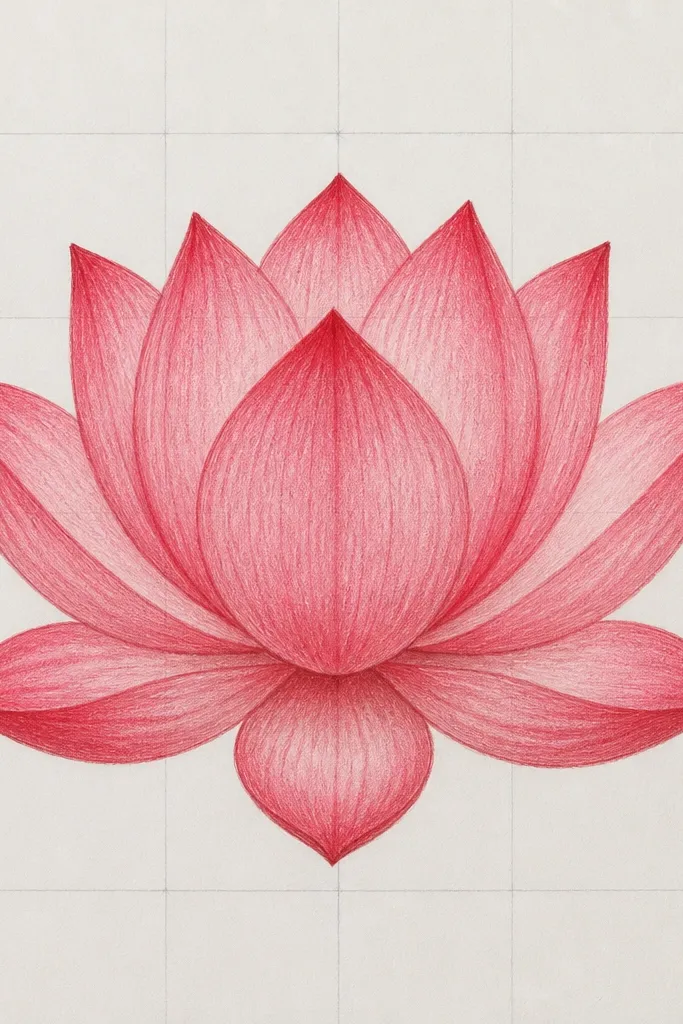 A lotus drawing with faint pencil grid lines visible in the background; petals are evenly spaced and shaded with red values that match across the grid.