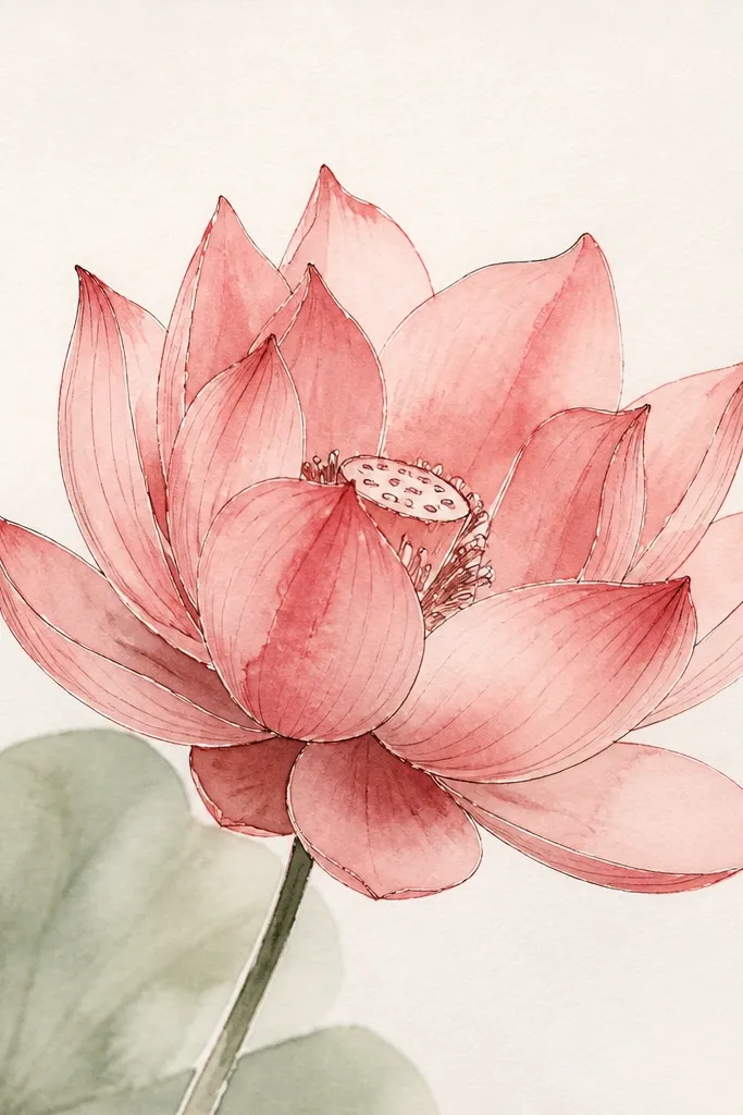 A lotus with thin line art outlines and a soft red watercolor wash filling the petals; shadows are created with slightly darker red wash, not heavy pencil shading.