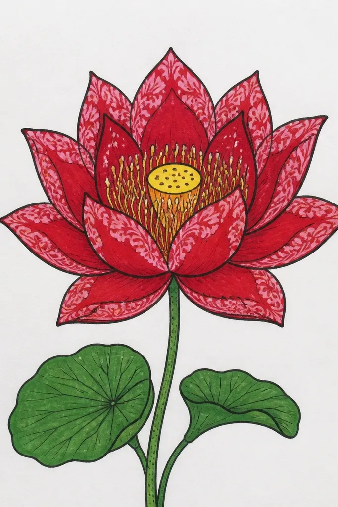 A lotus where the rims of petals have small repeating line patterns like tiny curls; the center is shaded in crimson and the background stays plain.
