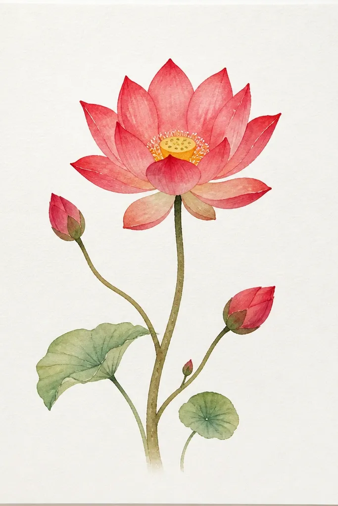 A red lotus connected to a branching stem with two smaller buds; leaves are simple ovals, and the main bloom has layered crimson folds.