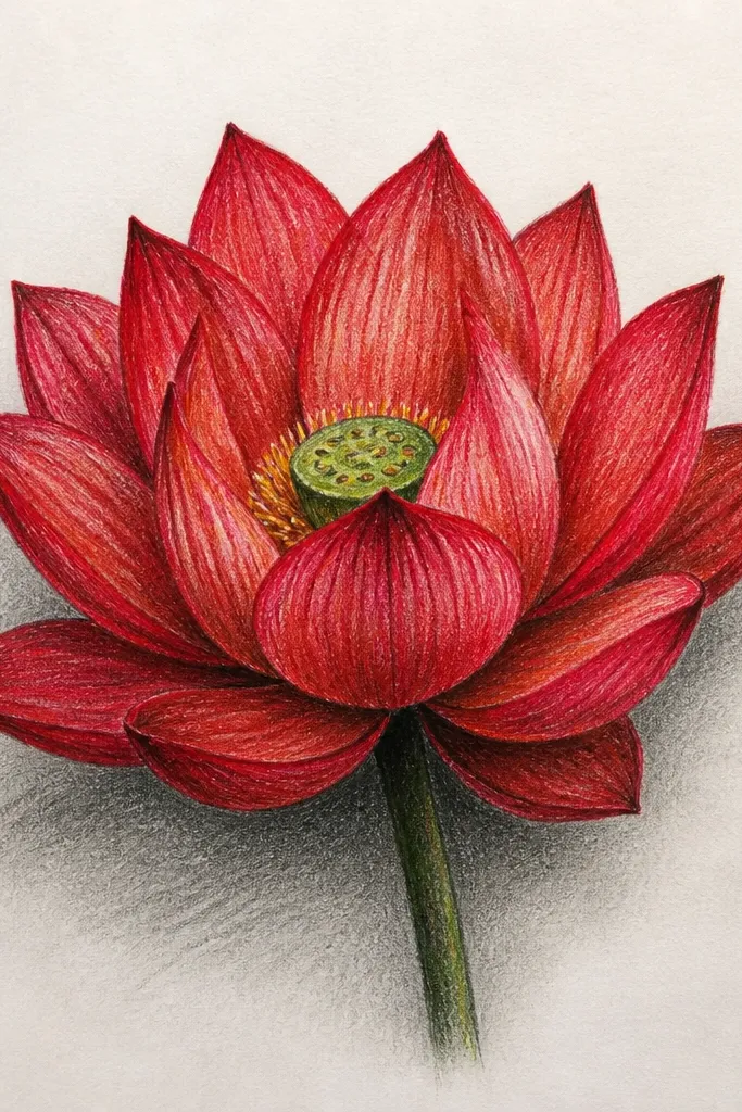 A red lotus with crisp petal outlines and red shading, while the background and shadow areas are softened with charcoal smudges around the base of the flower.