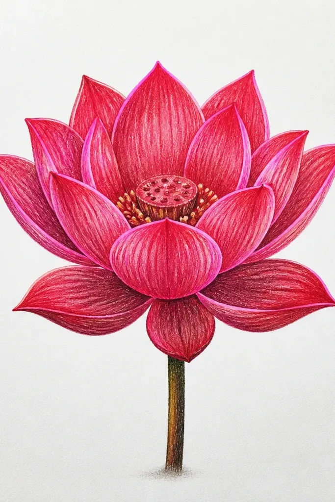 A red lotus with normal red shading, but the petal edges have thin neon pink lines that look like bright highlights; background is white.