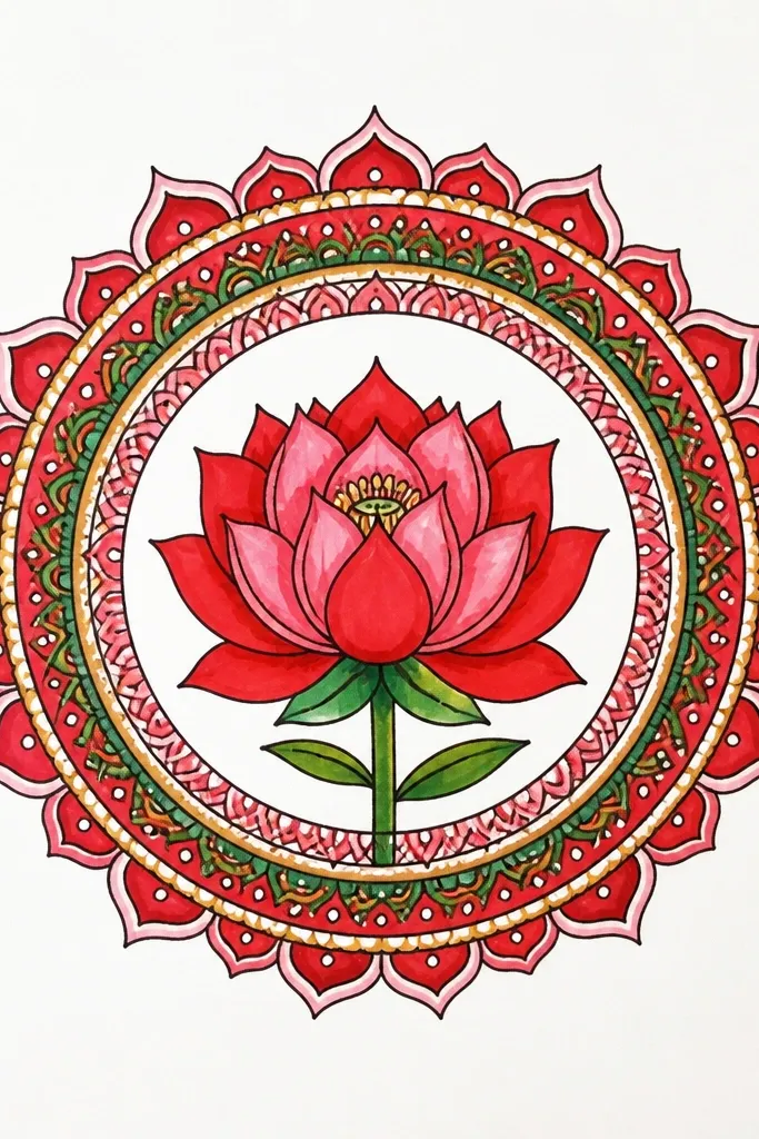 A red lotus in the center with multiple circular rings of small repeating shapes around it - dots, short lines, and tiny leaf marks; the center petals are shaded with red values.