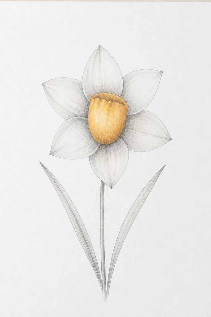 A sheet shows one daffodil centered on the page. The outer petals are light gray graphite with gentle smudged shading at the base. The trumpet is drawn as a warm oval shape with a darker outline and a slightly darker top fold. Two leaves sit below, drawn with thin lines that taper to points.