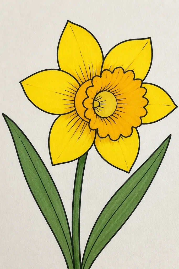 A daffodil is drawn in bold black outlines with bright yellow petals. The trumpet is colored a deeper golden yellow with a lighter inner circle. Petals have small curved hatch marks near the base, and two leaves are drawn in green with a darker line down the center.