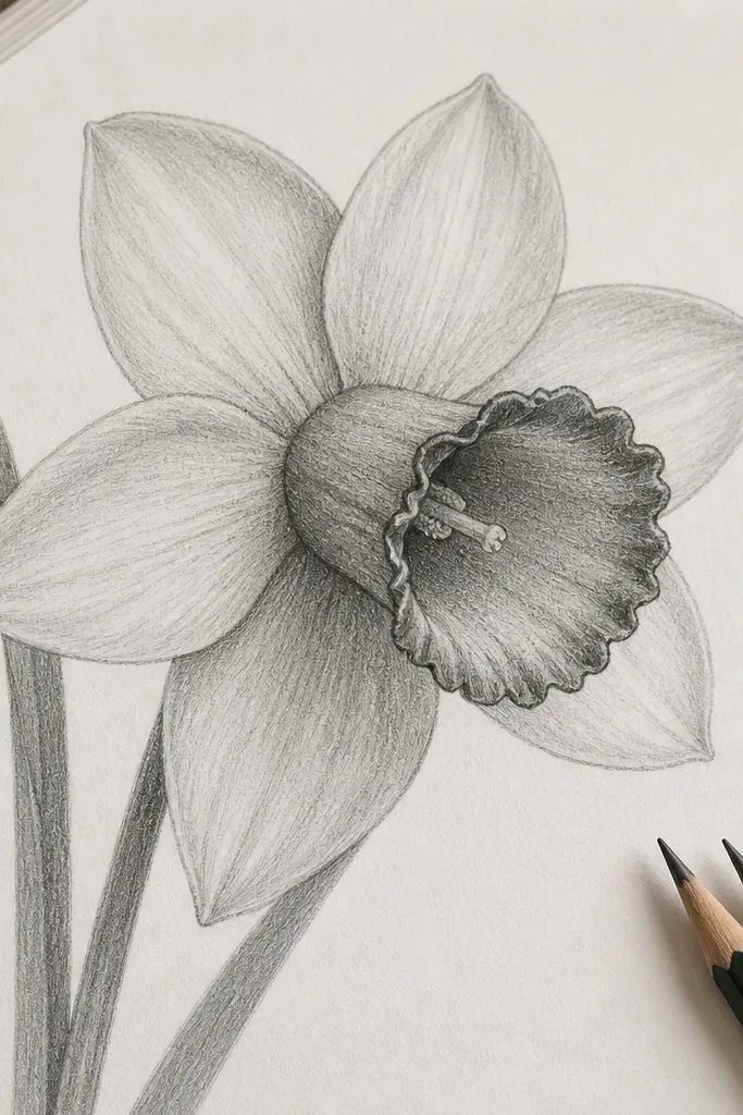 The daffodil shows three values: light graphite petals, a medium graphite trumpet, and a darker outline around the trumpet opening. The petals have faint crosshatch lines near the base. The trumpet has a shadow under the top fold and a highlight line on the inner rim.