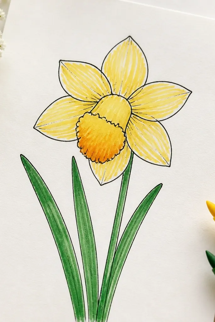 The daffodil has black outlines and yellow petals with tiny white gaps left intentionally. The trumpet is colored in a gradient: deeper at the bottom, lighter toward the top. The petals show small directional strokes rather than full solid fill, and the leaves are green with visible marker texture.