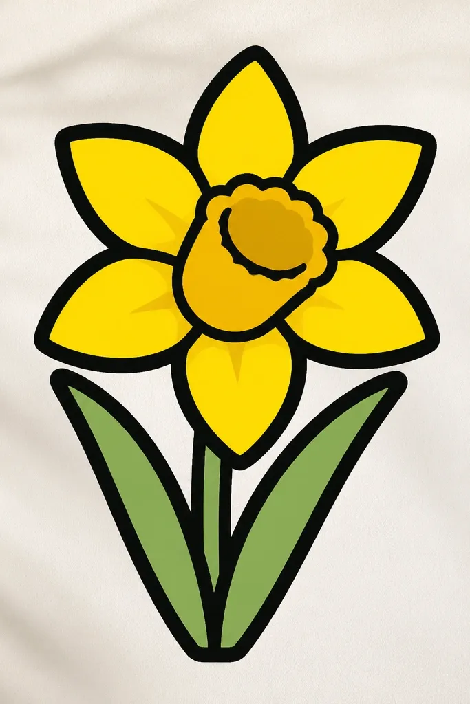 A daffodil sits in the center with very thick black lines. The petals are bright yellow with darker yellow shading at the base. The trumpet is a darker yellow, and the inner opening is outlined in black. Two broad green leaves extend downward, drawn with thick strokes and a lighter green fill.