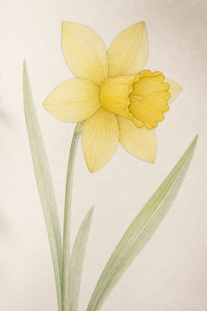 A pencil daffodil sketch is lightly visible under translucent yellow watercolor. Petals are washed in pale yellow with slightly darker shading at the base. The trumpet has a stronger yellow wash, and the top fold shows a subtle darker line. Leaves are washed in light green with a darker vein line kept mostly unpainted.